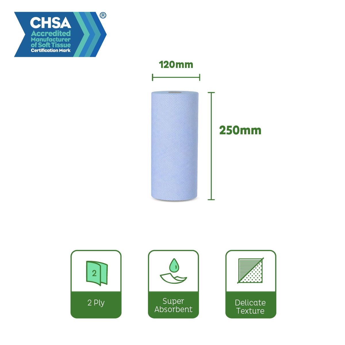 Velor Hygiene Rolls, Blue, 2-ply, 18 Rolls (1 pack), 40 Metres / 80 Sheets per Roll, Sheet Size: 50 cm x 25cm
