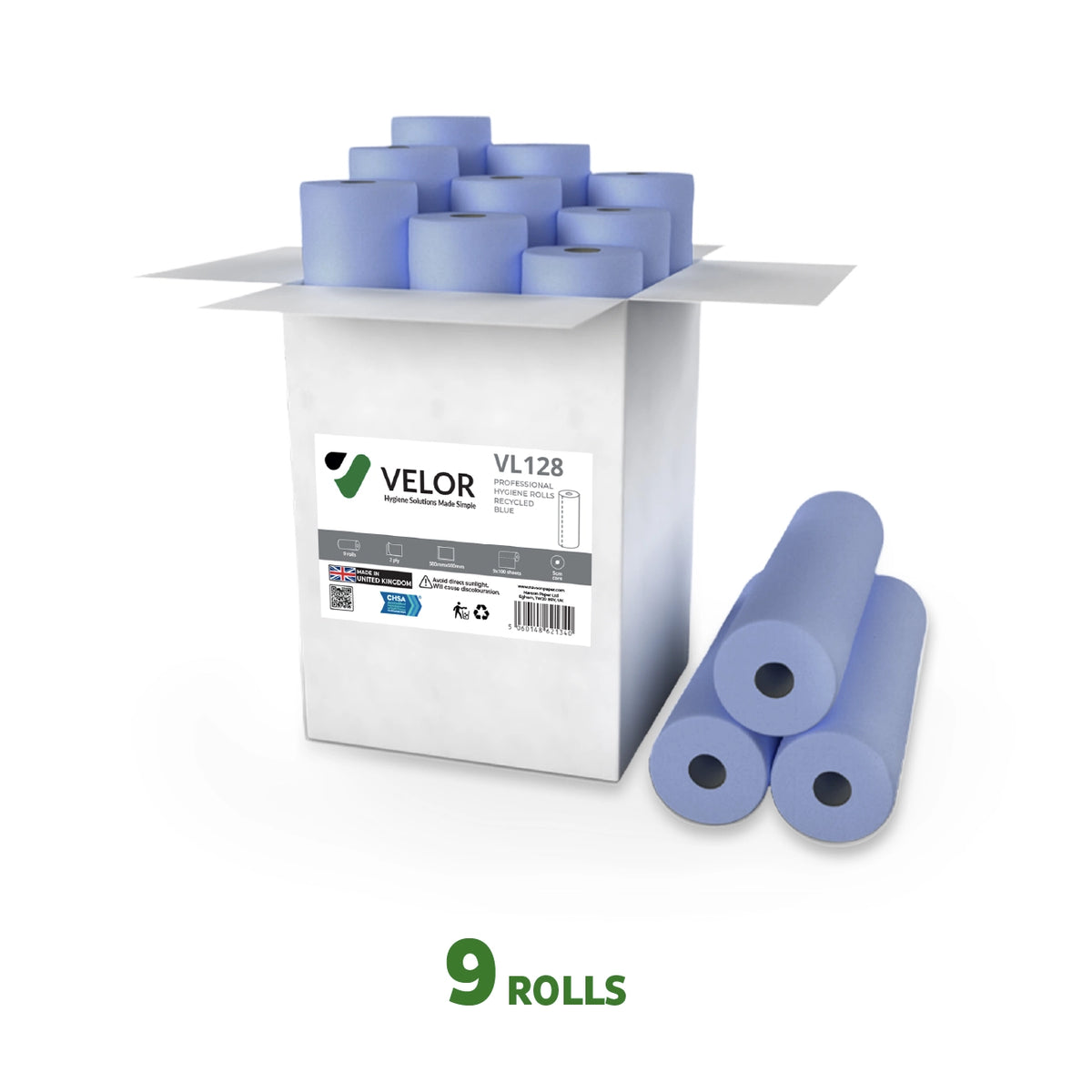 Velor Hygiene Rolls, Blue, 2-ply, 9 Rolls (1 pack), 50 Metres / 100 Sheets per Roll, Sheet Size: 50 cm x 50 cm