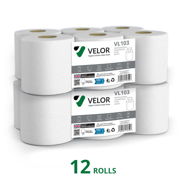Velor Centrefeed White Embossed - 24 Rolls