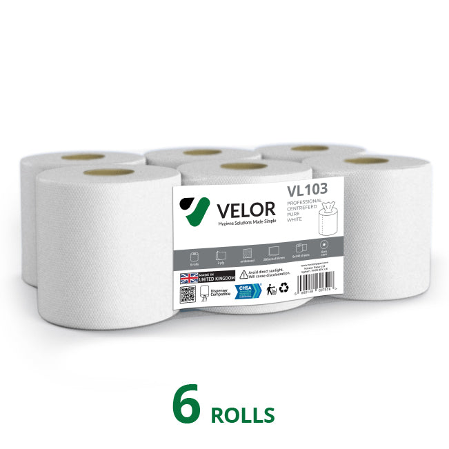 Velor Centrefeed White Embossed - 24 Rolls