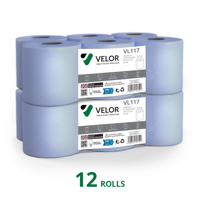 Velor Centrefeed Blue 150m Flat sheet - 6 Rolls