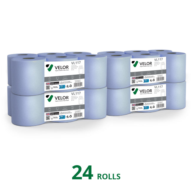 Velor Centrefeed Blue 150m Flat sheet - 12 Rolls