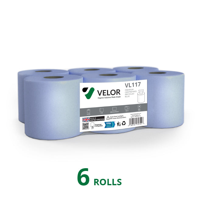 Velor Centrefeed Blue 150m Flat sheet - 12 Rolls