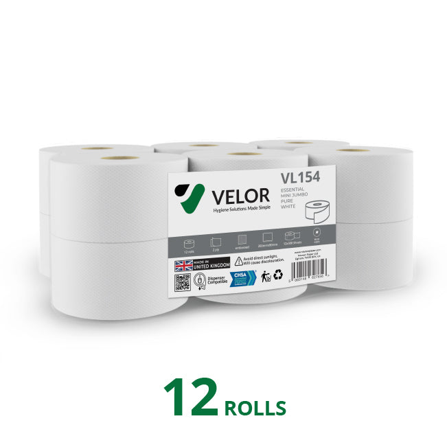 Velor Mini Jumbo Toilet Roll – Embossed Toilet Tissue for Commercial Washroom Dispensers - 48 Rolls