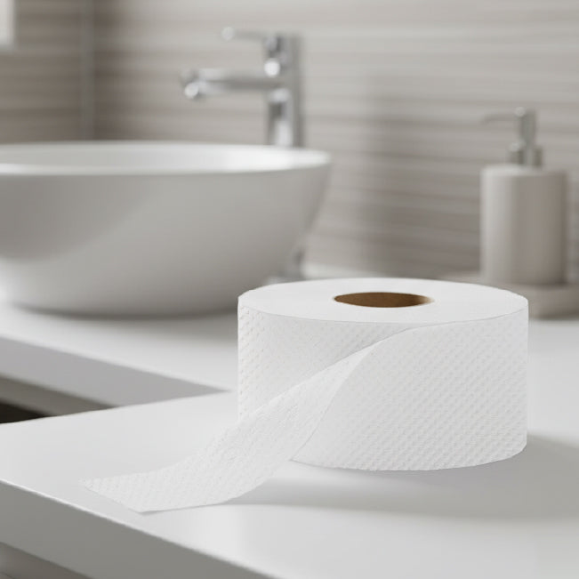 Velor Mini Jumbo Toilet Roll – Embossed Toilet Tissue for Commercial Washroom Dispensers - 12 Rolls