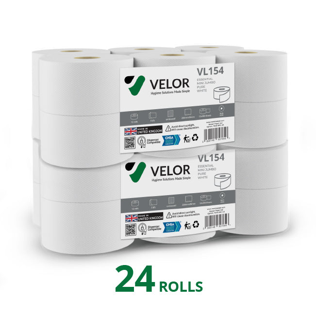 Velor Mini Jumbo Toilet Roll – Embossed Toilet Tissue for Commercial Washroom Dispensers - 24 Rolls