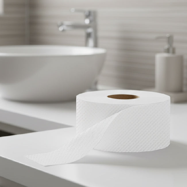 Velor Mini Jumbo Toilet Roll – Embossed Toilet Tissue for Commercial Washroom Dispensers - 24 Rolls