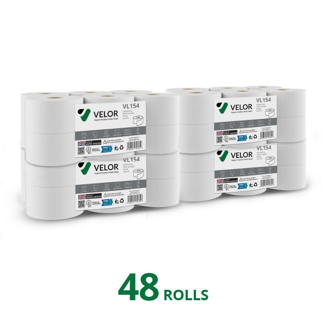 Velor Mini Jumbo Toilet Roll – Embossed Toilet Tissue for Commercial Washroom Dispensers - 48 Rolls