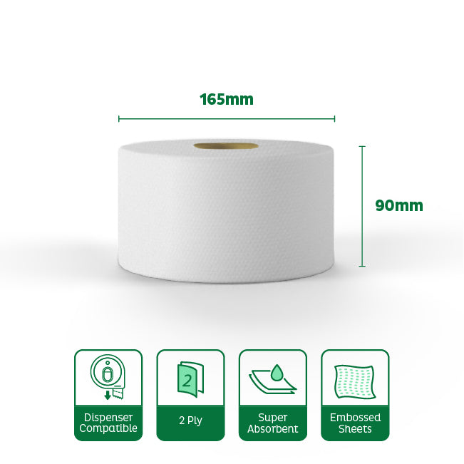 Velor Mini Jumbo Toilet Roll – Embossed Toilet Tissue for Commercial Washroom Dispensers - 48 Rolls
