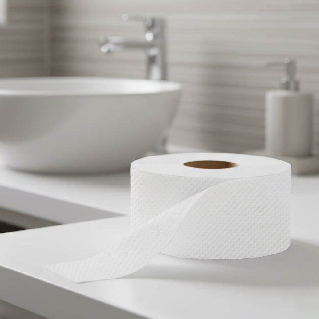 Velor Mini Jumbo Toilet Roll – Embossed Toilet Tissue for Commercial Washroom Dispensers - 48 Rolls