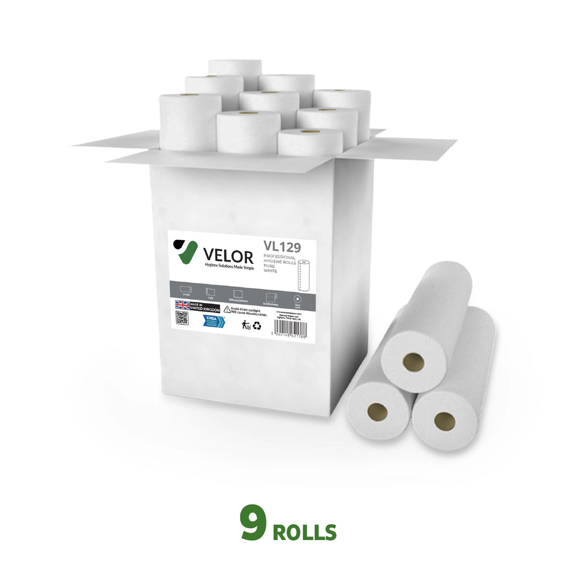 Velor Hygiene Rolls, white, 2-ply, 9 Rolls (1 pack), 50 Metres / 100 Sheets per Roll, Sheet Size: 50 cm x 50 cm